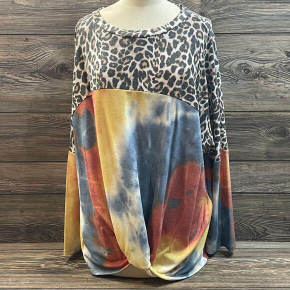 Together Clothing Knot Hem Animal Tie Dye Print Top Tunic PO Shirt SZ L C101842 - Picture 1 of 9